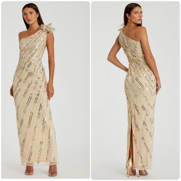 MAC DUGGALGold Embellished Floral Detail One Shoulder Gown Size NWT